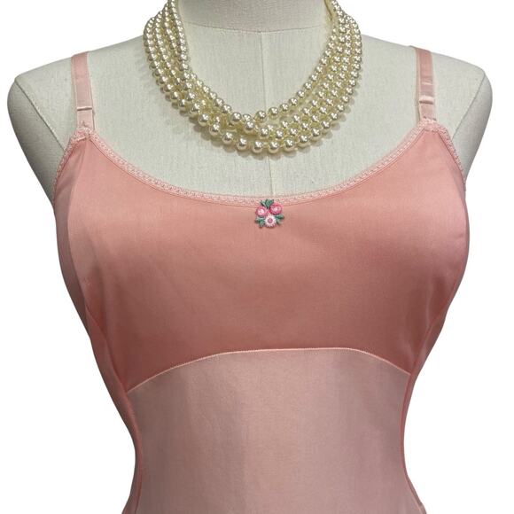 Vintage 50s Henson Kickernick Peachy Pink Nylon Rosebud Full Slip Dress Size M - Picture 2 of 7